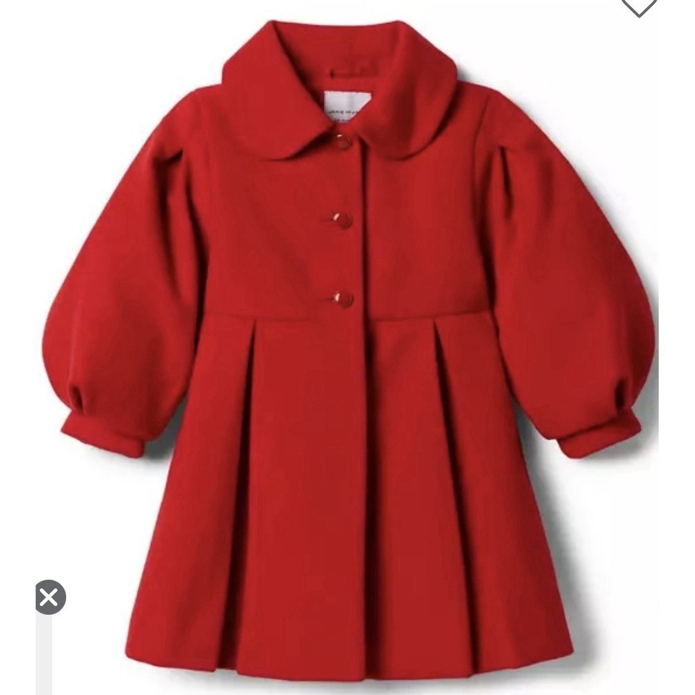 Janie and Jack Red Pleated Puff Sleeve Coat Bow on Back Holiday Girls Sz 5/6
